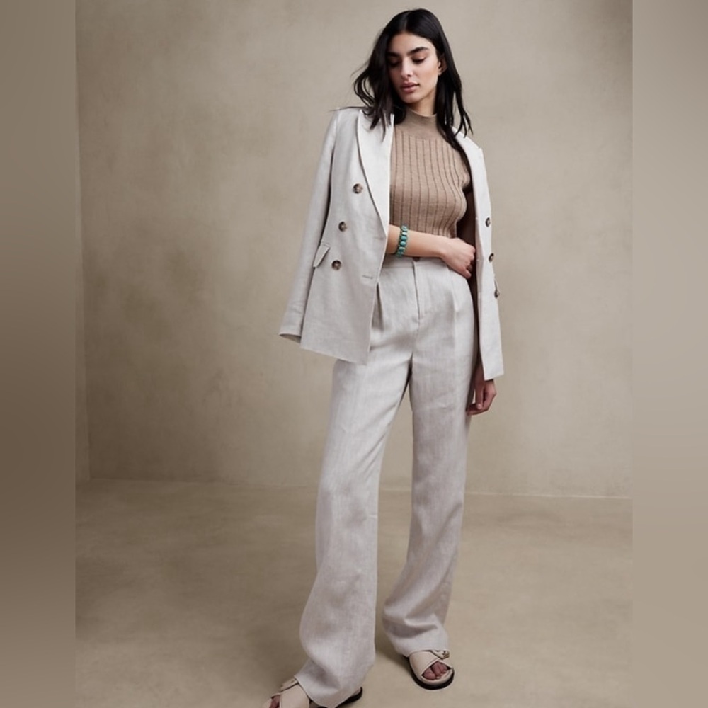 NEW! Banana Republic Natural Beige Palma Straight-Leg Linen Pant - Size 14 🖥️3️⃣